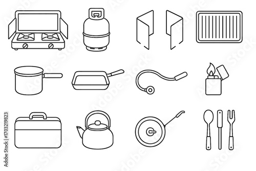 Camping stove icon vector grill lighter fuel icons cooking utensils storage griddle