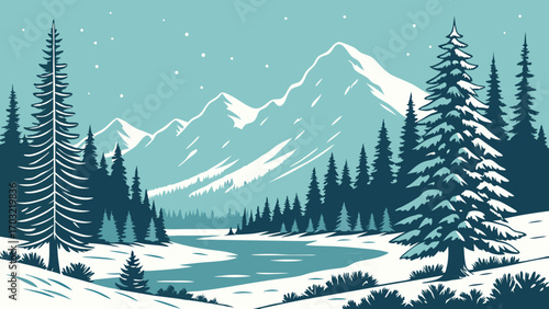 Winter forest scene with snow covered pine trees and a frozen river.