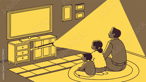 Family watching television together in a cozy living room, enjoying the show.