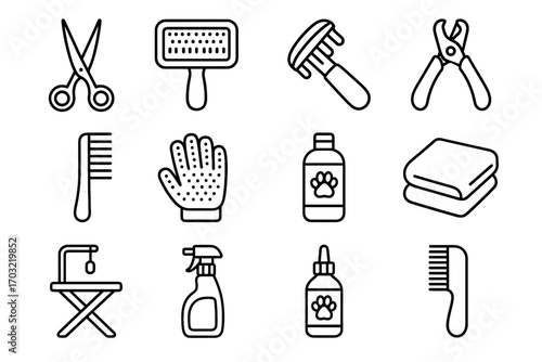 Comb drops vector pet detangling scissors towel icons gloves slicker grooming icon