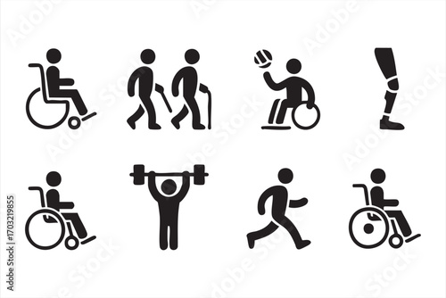 Adaptive sports icons design set with strength training running and wheelchair use