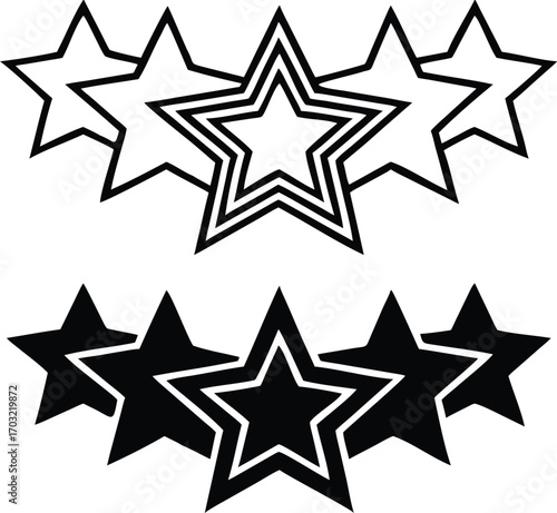 Star Icons. Black and White Vector Illustration. Five Stars, Competition Rating, Top Score. Reward Concept

