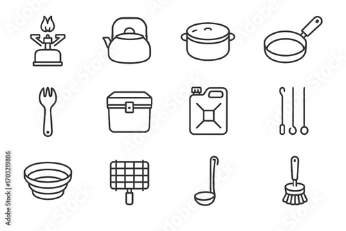 Collapsible vector tools dish portable icon cooking spork folding skewers camping cooler