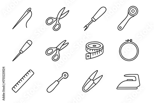 Thread tools iron wheel icons awl measuring embroidery fabric sewing vector icon