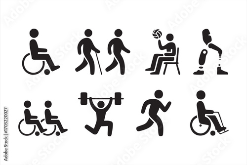 Adaptive sports icons vector set with wheelchair athletes prosthetic and crutches