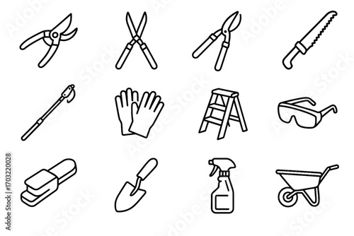 Hedge icons shears bottle wheelbarrow garden vector tool pruning small trowel icon
