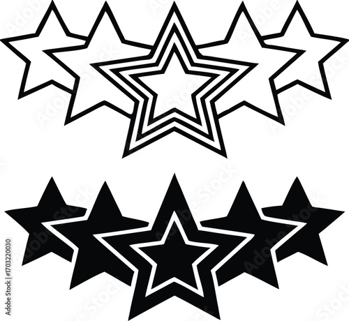 Star Icons. Black and White Vector Illustration. Five Stars, Competition Rating, Top Score. Reward Concept

