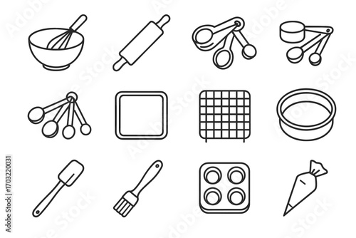 Icons cups bag baking pan spatula tools measuring sheet vector whisk icon