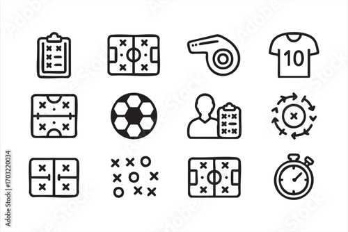 Football strategy vector icons pack with coaching elements and field symbols