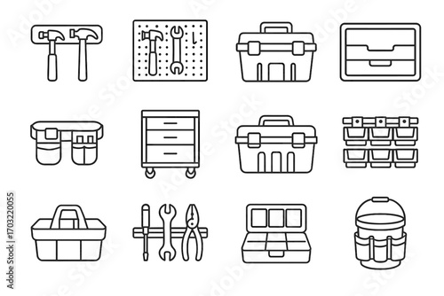 Organizer vector hooks bucket icons belt tool drawer bins icon storage hanging
