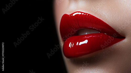  a pair of full lips painted with glossy red lipstick,