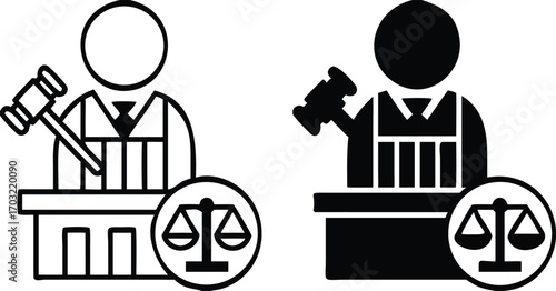 Judge Icons. Black and White Vector Illustrations. Judge, Gavel, and Scales. Official Who Considers and Resolves Civil, Criminal, and Administrative Cases. Justice Concept

