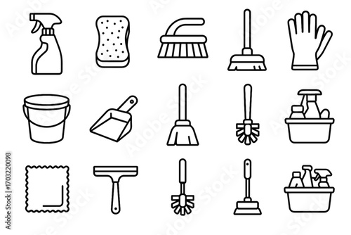 Caddy dustpan cloth gloves home icons scrub icon vector spray cleaning brush