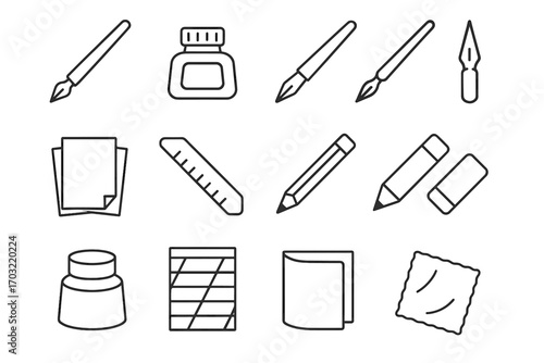 Ink nib vector pen sheets calligraphy pencil icons ruler tools sheet icon