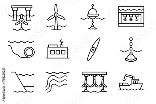 Vector energy icon platform floating system underwater icons generator tidal power rotor