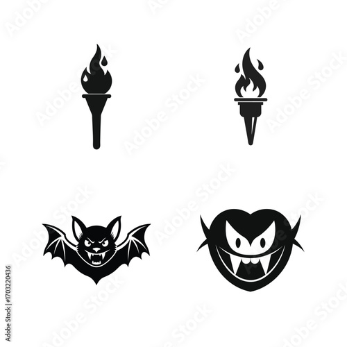 Black torch bat vampire icons fire flame