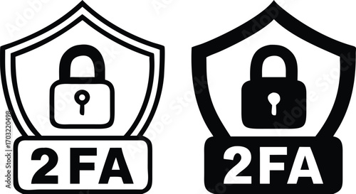 Two Factor Authentication Icons. Black and White Vector Illustration. Padlock and Shield. Method of Increasing Account Security. Concept Password and Data Security

