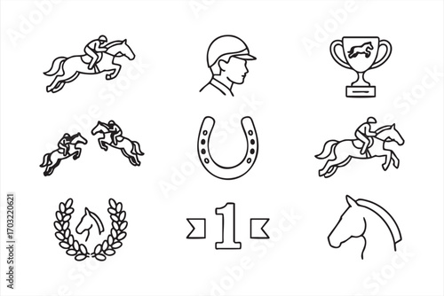 Vector equestrian sport icons pack with horseshoe laurel wreath and rider gear