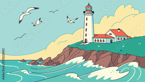 Coastal lighthouse stands tall, guiding ships safely through the ocean waves.