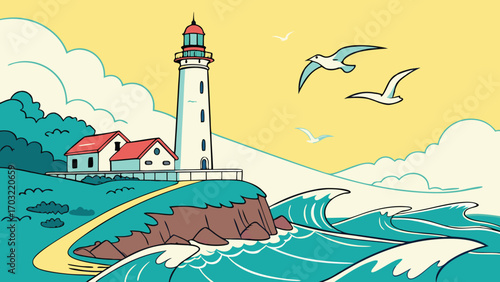 Coastal Lighthouse Scene with Birds and Waves Illustration.