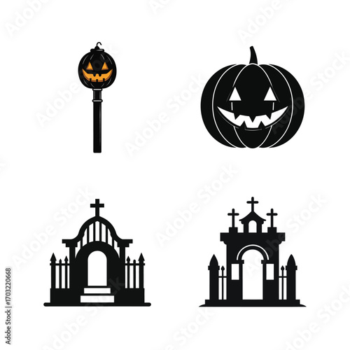 Halloween pumpkin and mausoleum icons jackolantern