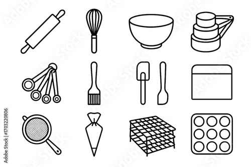 Vector icons rolling mixing reusable baking scraper pastry sifter tools metal muffin