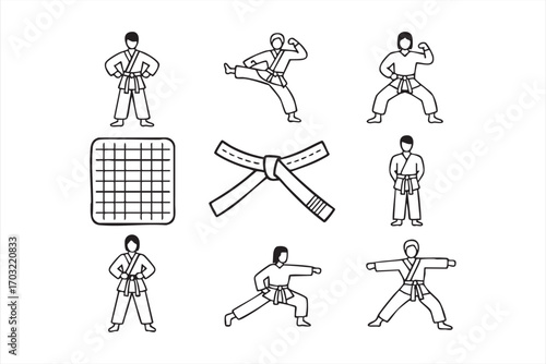 Karate training icons collection including fighters uniform belt and dojo mat