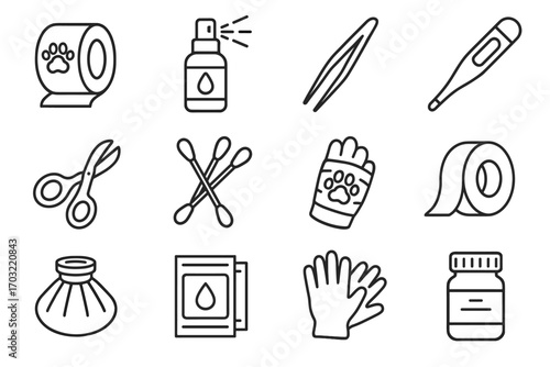 Aid antiseptic first wound pack swabs vector paw gloves thermometer icon pet