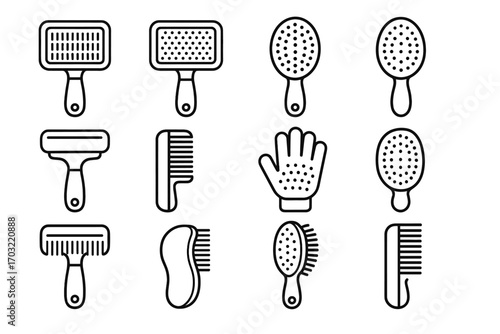 Soft glove pin slicker rubber tools undercoat brush comb vector icon pet