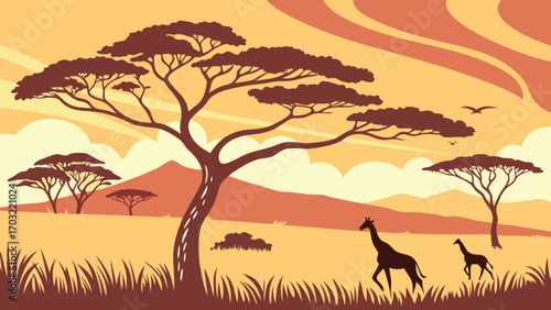 African savanna landscape with giraffes and acacia trees under sunset sky.