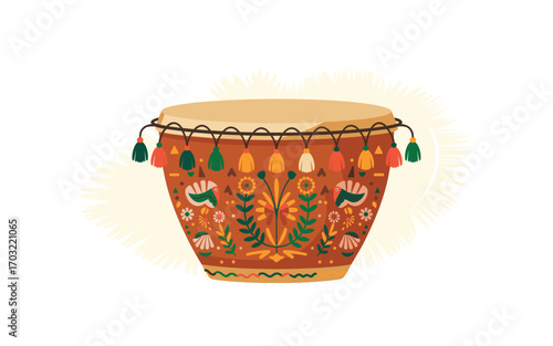 Decorated Doumbek Drum Illustration: Traditional Musical Instrument with Tassels and Floral Ornaments for Ethnic and Cultural Designs, Folk Music Themes, or Creative Projects.
