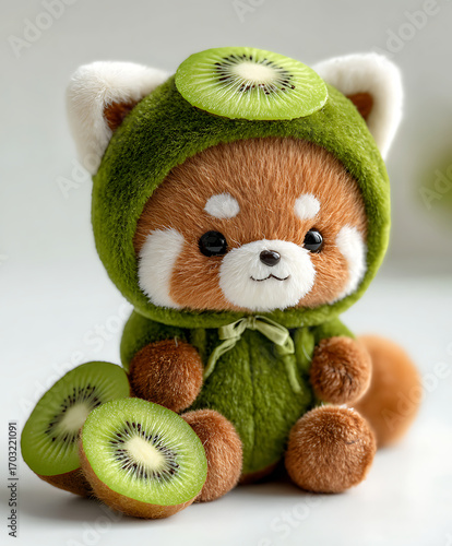 A soft little red panda dressed like a kiwi, with its fur mixing naturally with the green kiwi texture. Sliced kiwis are placed next to it, making it look sweet and refreshing.