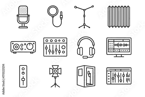 Studio headphone desk microphone waveform acoustic vector rack icons icon recording mixing