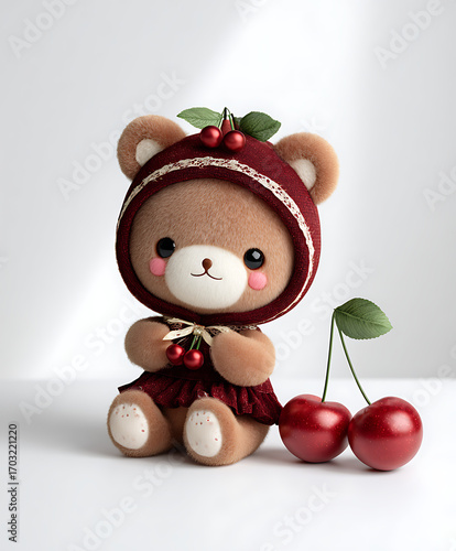A chubby chibi bear wrapped in a cherry costume, with a pair of cherries acting like ears. It sits shyly, while bright shiny cherries rest next to it.