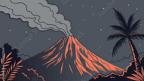 Volcanic Eruption at Night with Lava Flow and Palm Trees.