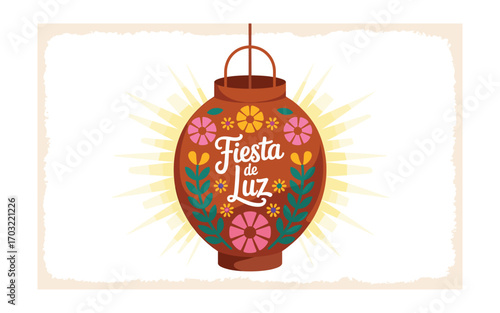Festive "Fiesta de Luz" Lantern Illustration: A vibrant illustration for Mexican themed celebrations and events, featuring a decorated lantern against a ray of light.