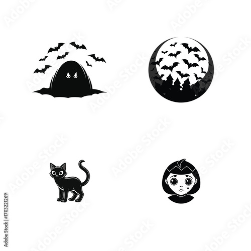 Spooky Halloween icons ghost cat bats moon child black cat