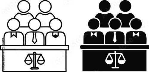 Jury Icons. Black and White Vector Illustrations. Ordinary Citizens, Jurors, Decide on the Guilt or Innocence of the Defendant. Justice Concept


