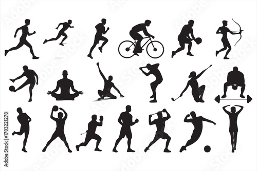 Vector sports silhouette icons with athletes playing soccer basketball and golf