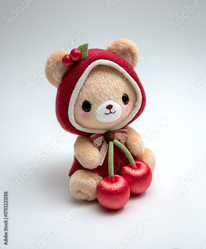 A chubby chibi bear wrapped in a cherry costume, with a pair of cherries acting like ears. It sits shyly, while bright shiny cherries rest next to it.