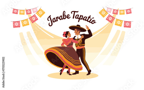 Jarabe Tapatío: Traditional Mexican Dance with Mariachi Musicians, Celebration of Culture, Festive Fiesta with Vibrant Colors, and Rich Heritage, Folklore, and Costumes