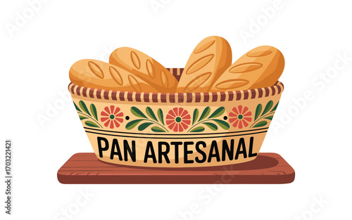 Artisanal Bread in a Decorative Basket: Freshly Baked Baguettes on a Wooden Tray, Ideal for Bakeries and Food Illustrations, Featuring "Pan Artesanal" Lettering.