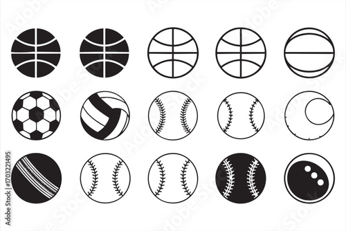Sports ball icons vector set with basketball soccer baseball tennis and bowling
