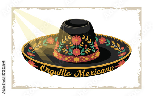Ornate Mexican Sombrero with Floral Details and "Orgullo Mexicano" Text for Cultural Events and Celebrations, symbolizing Mexican Heritage and Pride.