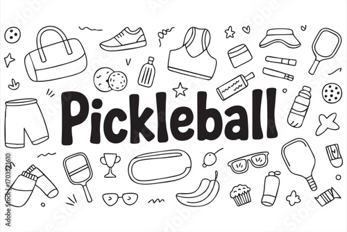 Hand drawn pickleball doodle illustration collection with gear and accessories