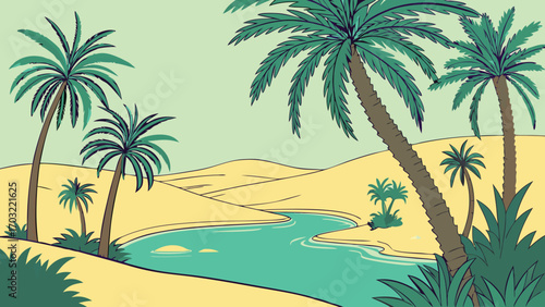 Palm trees and oasis in a desert landscape.