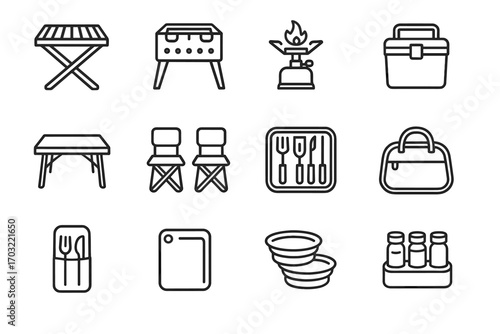 Compact set portable bbq vector board gear picnic collapsible icon spice chairs