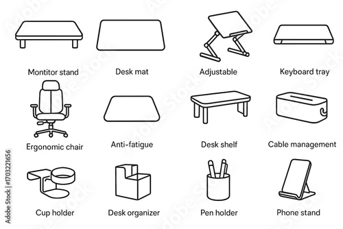Monitor icon standing holder box management cup desk ergonomic chair accessories vector