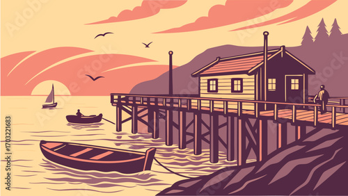 Wooden pier with a small house and boats at sunset on the water.