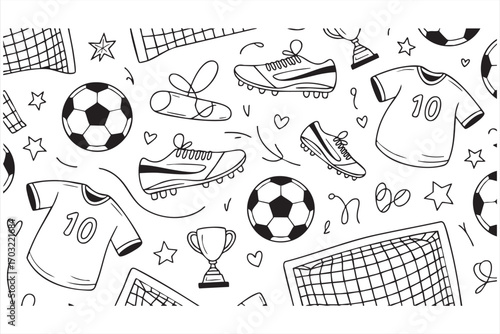 Sports doodle seamless pattern featuring soccer match elements and trophy cup